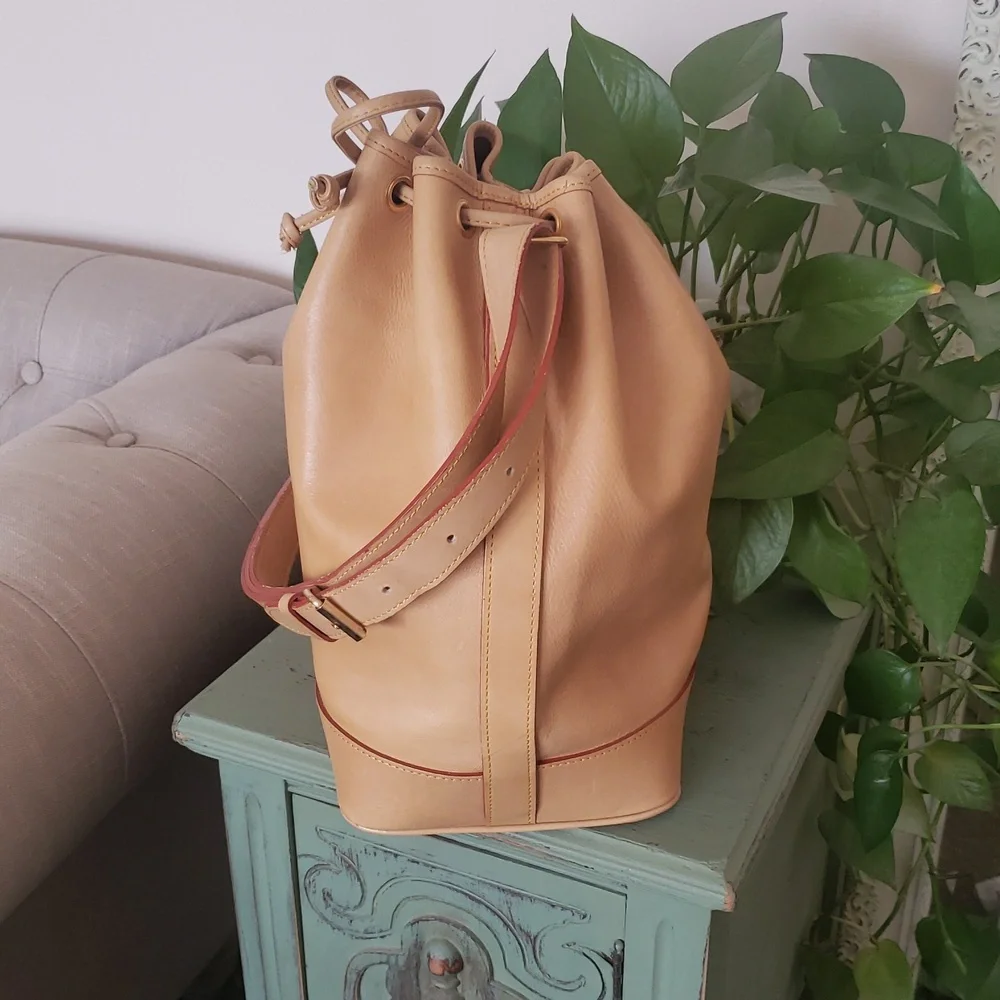 Vintage Large Leather Handmade Drawstring Bucket Bag - Picture 3 of 7